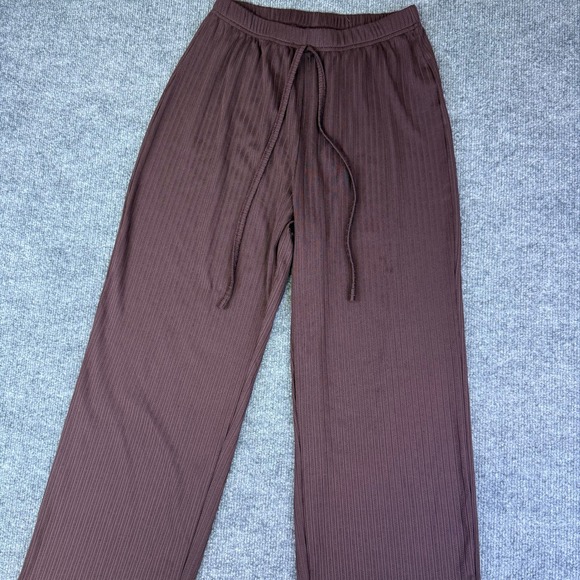 Womens Brown Ribbed Pinstripe Wide Leg Lace Detail Lounge Pants Drawstring Sz M - Picture 2 of 7